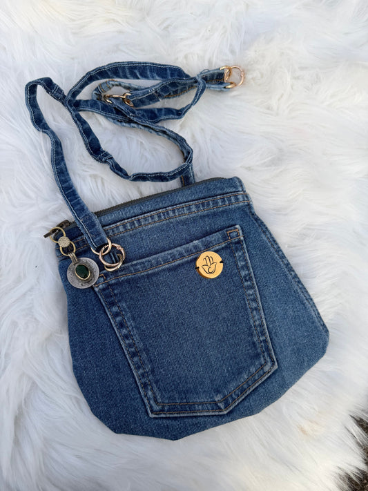 The Pocket Story Mini — Mosaic Souq, Medium Wash + Charcoal Zip | Upcycled Denim Convertible Bag