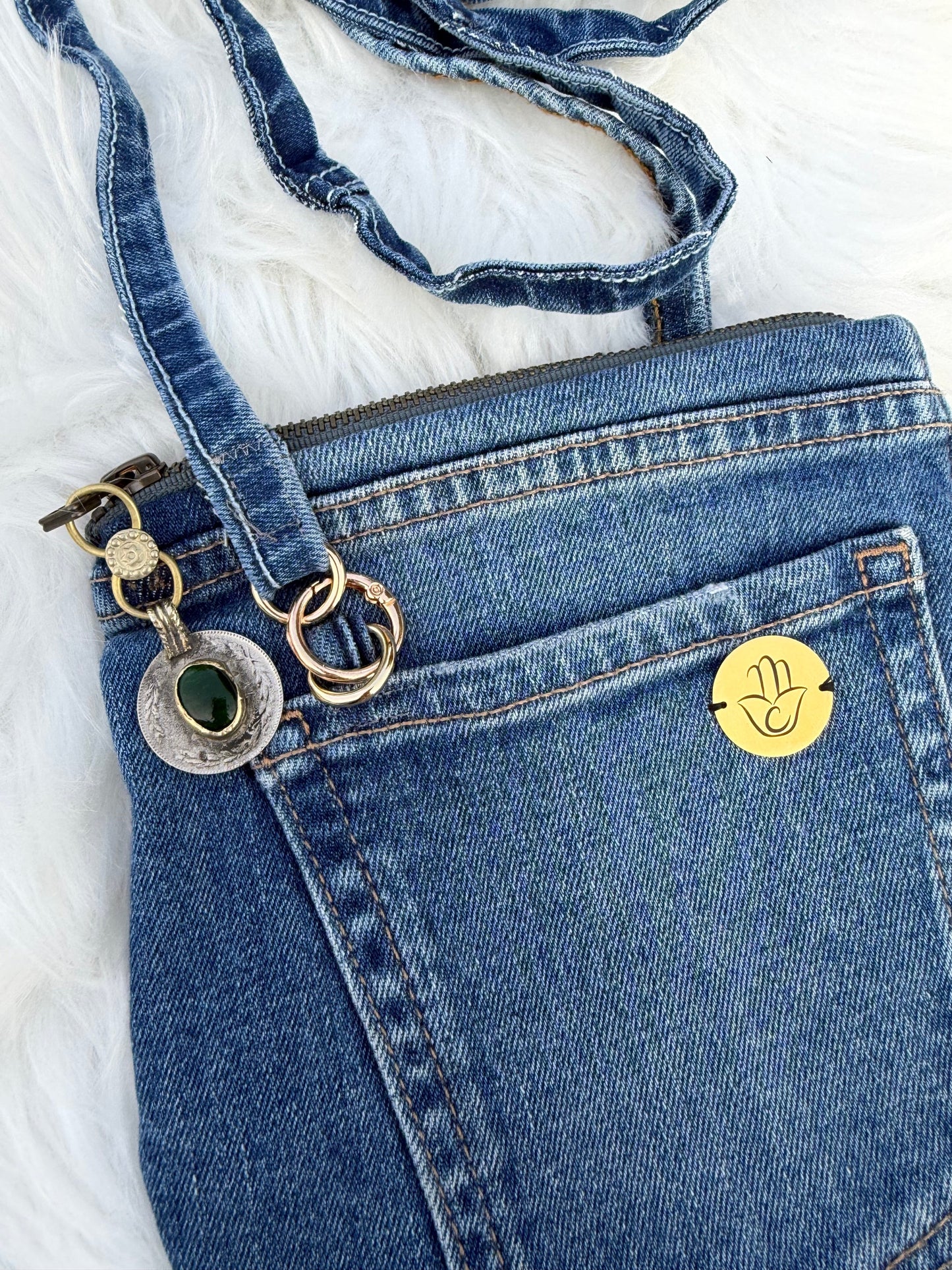 The Pocket Story Mini — Mosaic Souq, Medium Wash + Charcoal Zip | Upcycled Denim Convertible Bag