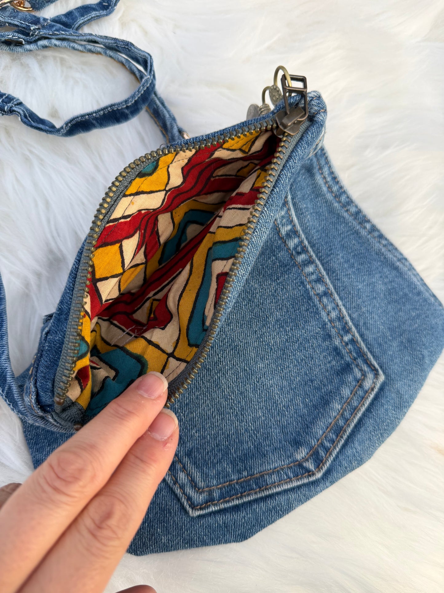 The Pocket Story Mini — Mosaic Souq, Medium Wash + Charcoal Zip | Upcycled Denim Convertible Bag