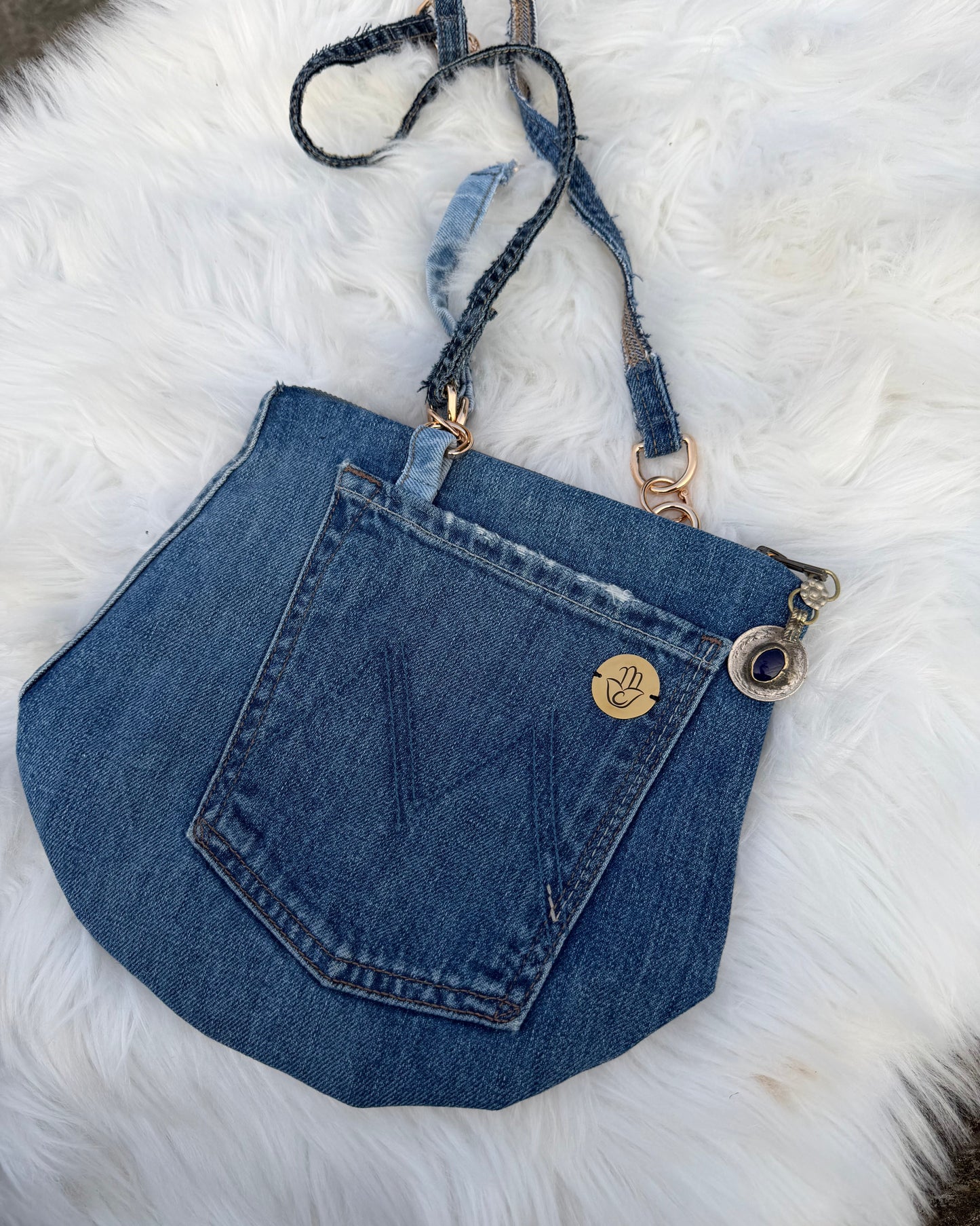 The Pocket Story Mini — Cocoa Lattice, Medium Wash | Upcycled Denim Convertible Bag
