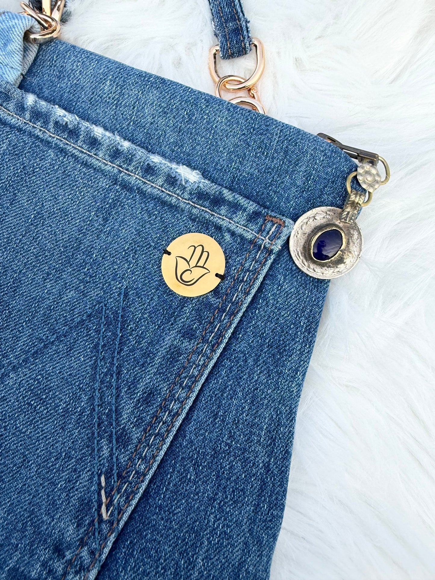 The Pocket Story Mini — Cocoa Lattice, Medium Wash | Upcycled Denim Convertible Bag