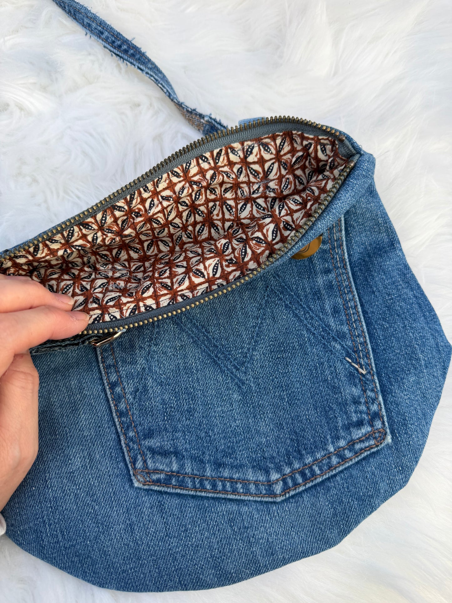 The Pocket Story Mini — Cocoa Lattice, Medium Wash | Upcycled Denim Convertible Bag