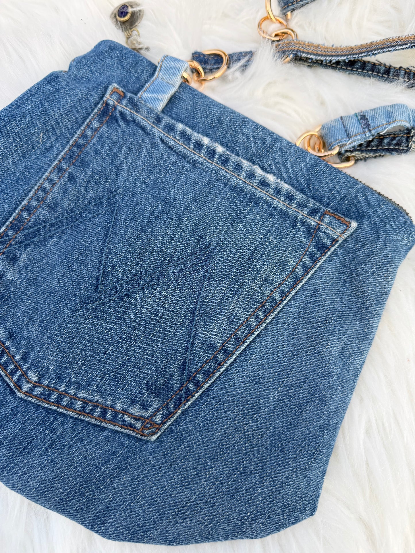 The Pocket Story Mini — Cocoa Lattice, Medium Wash | Upcycled Denim Convertible Bag