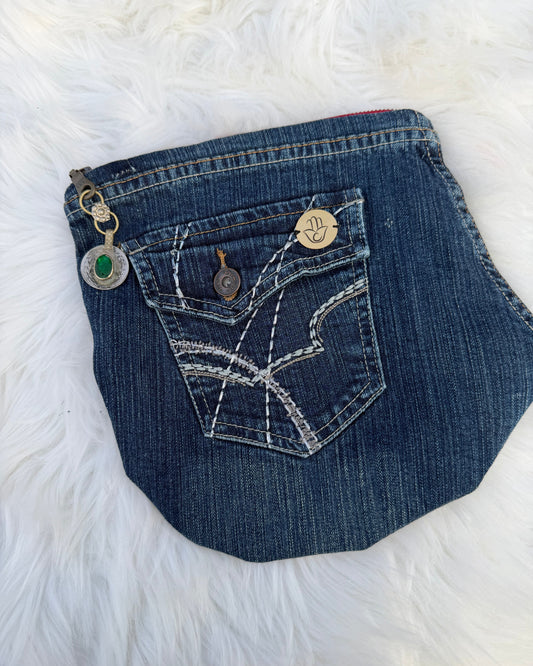 The Pocket Story Mini — Cocoa Lattice, Dark Wash Clutch | Upcycled Denim Bag