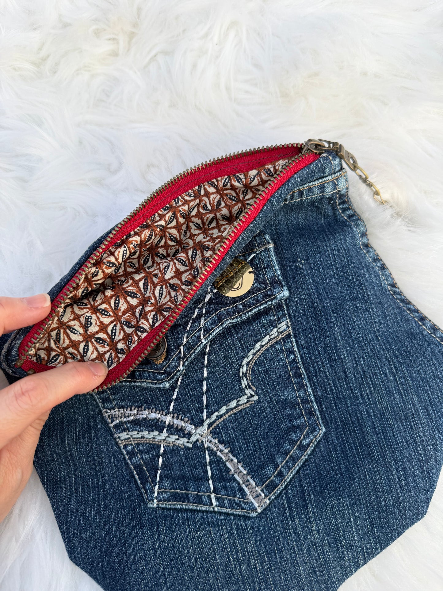 The Pocket Story Mini — Cocoa Lattice, Dark Wash Clutch | Upcycled Denim Bag