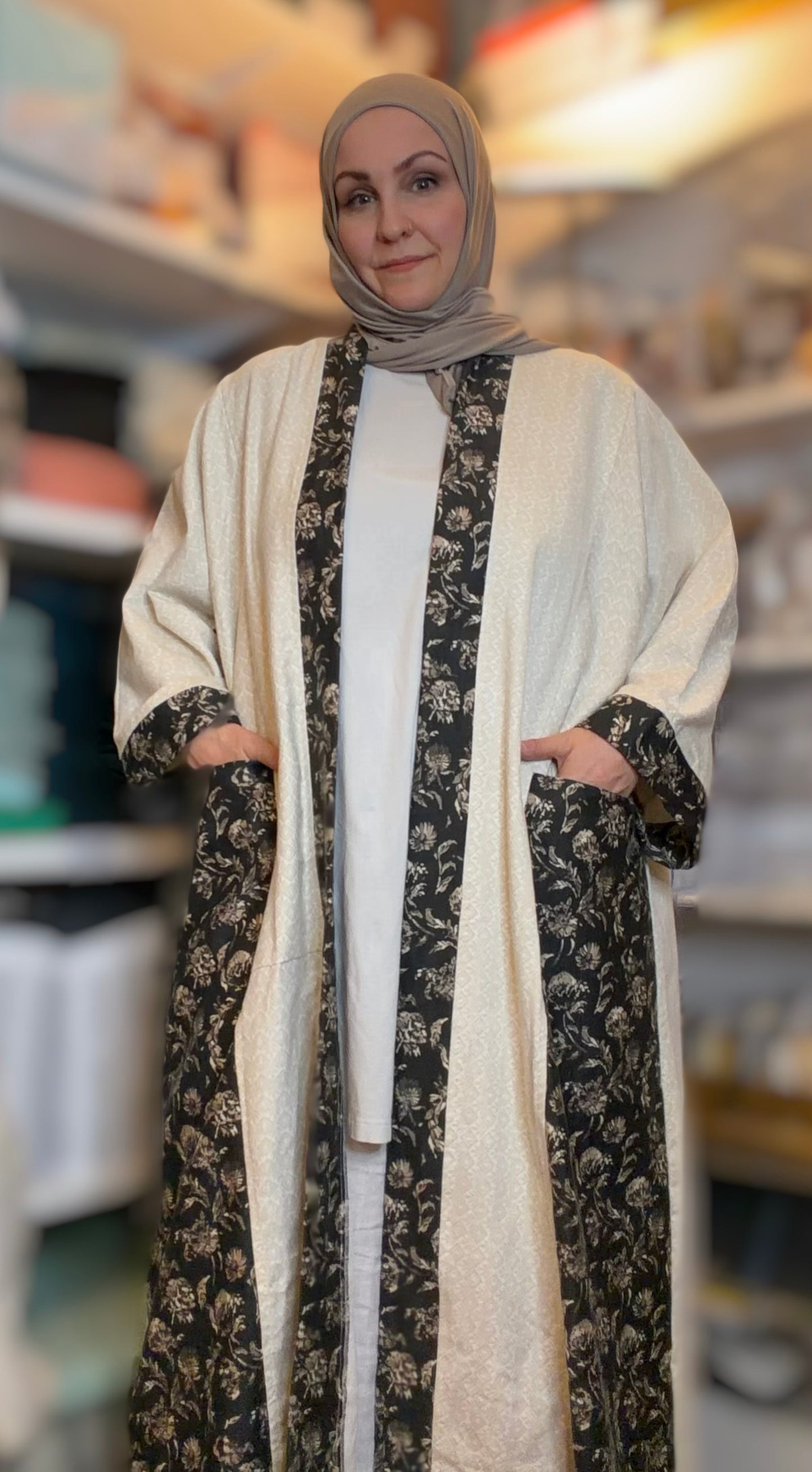Upcycled Pocket Anorak Abaya — Ivory Midnight Garden