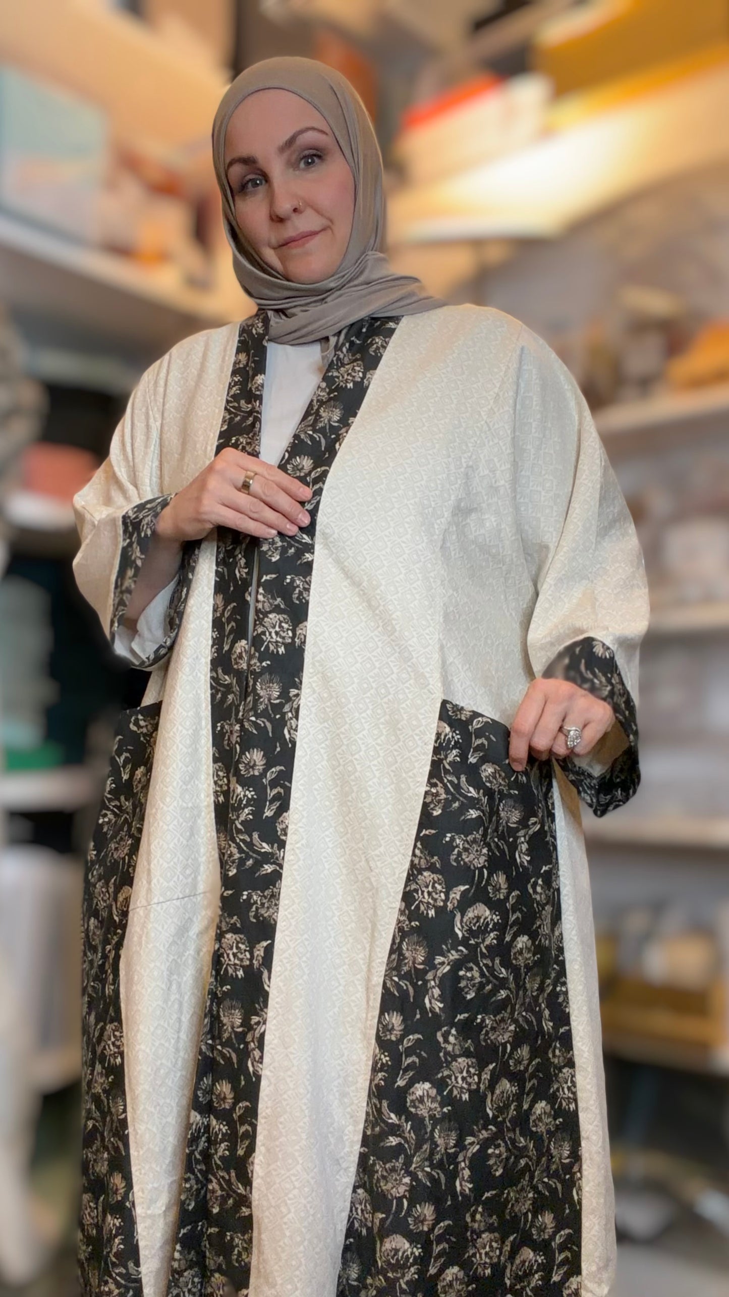 Upcycled Pocket Anorak Abaya — Ivory Midnight Garden