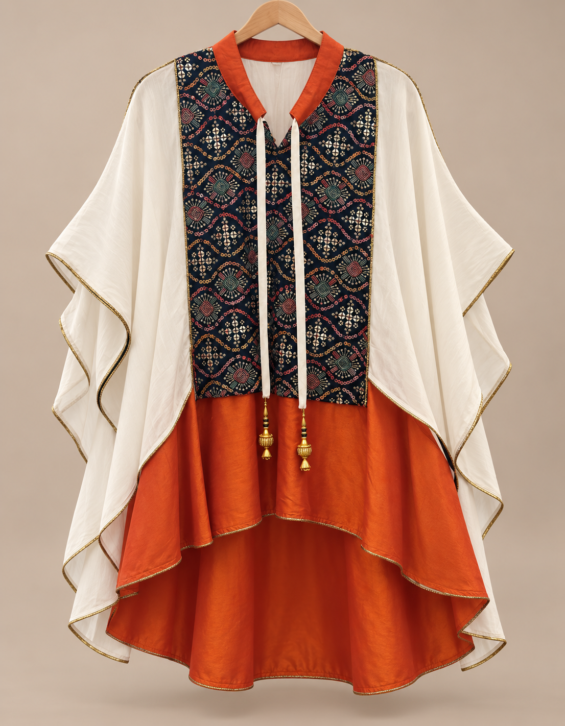 Layali Girls’ Embellished High-Low Tunic — White & Orange