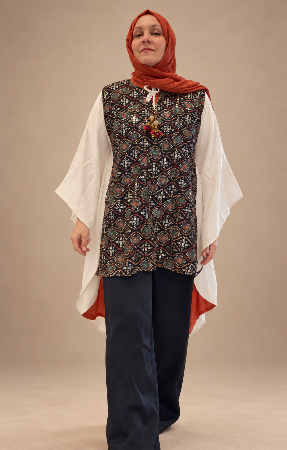 Layali Embellished High-Low Tunic — White & Orange