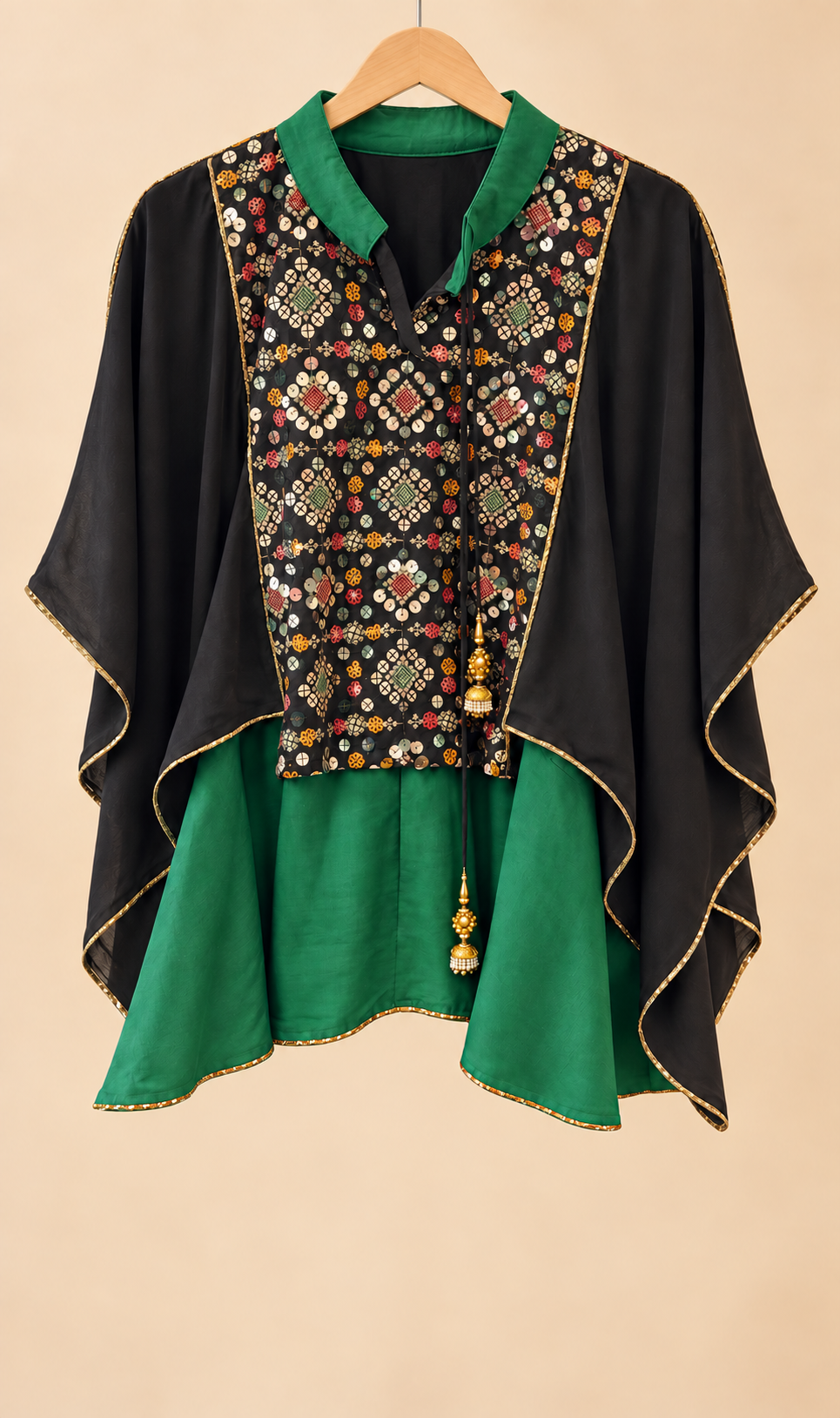 Layali Embellished High-Low Tunic — Black & Vibrant Green