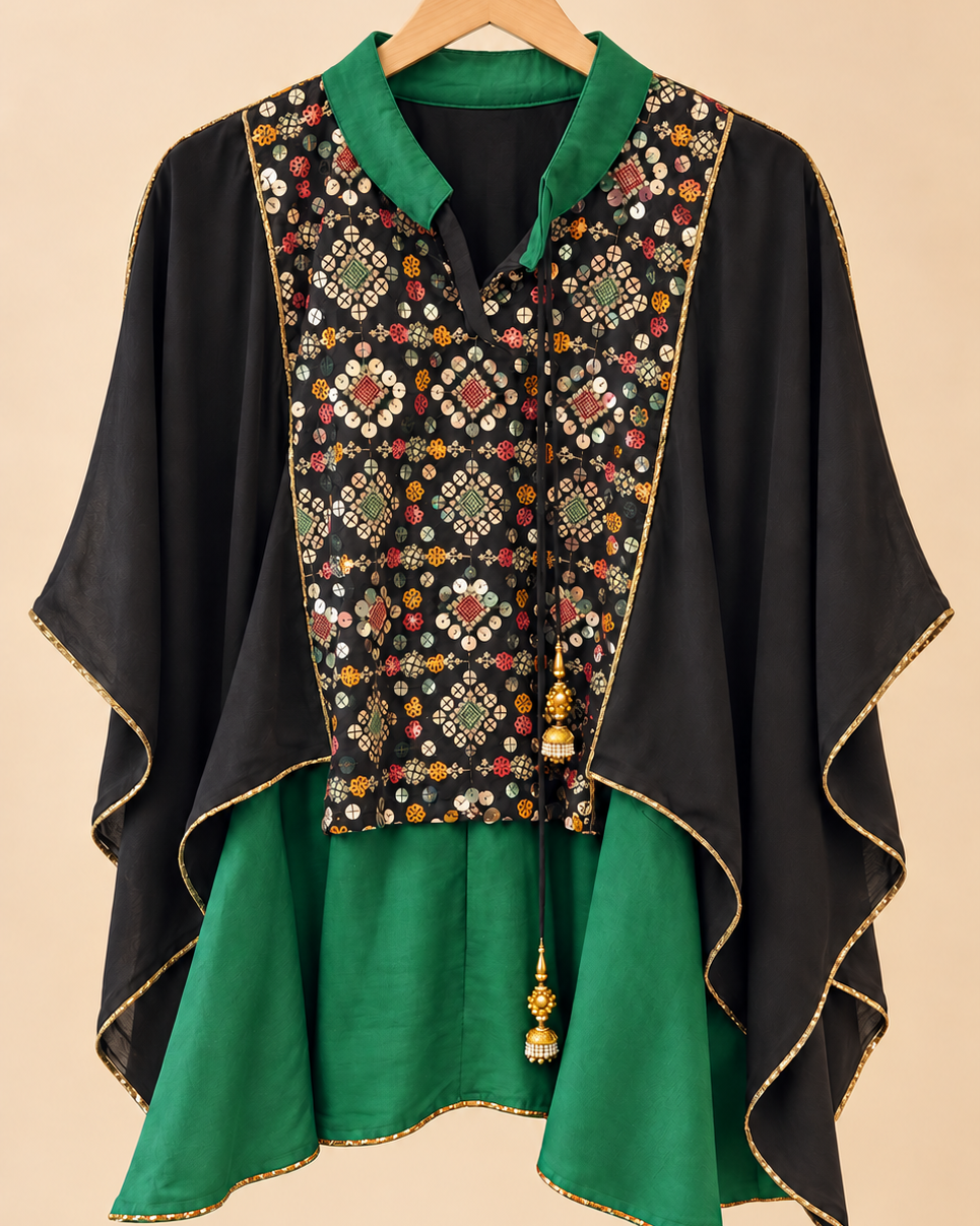 Layali Girls’ Embellished High-Low Tunic — Black & Vibrant Green