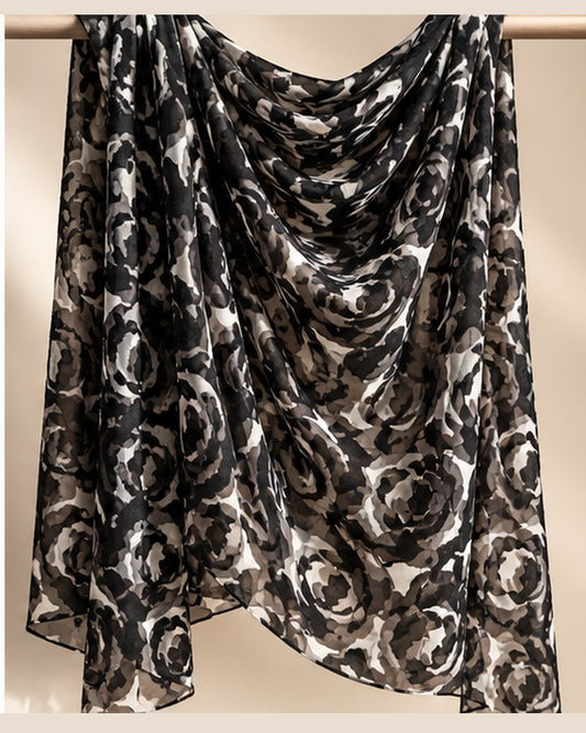 Jacquard Burnout Chiffon Hijab: Rose Imprint - Black