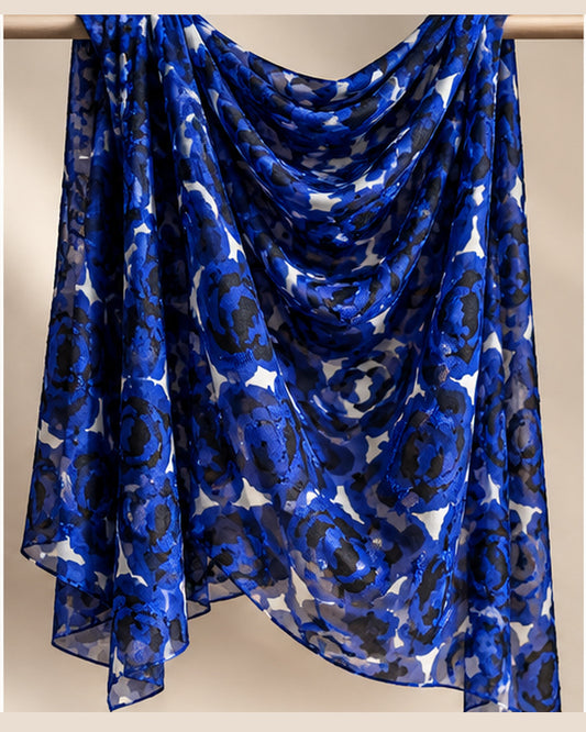 Jacquard Burnout Chiffon Hijab: Rose Imprint - Royal Blue