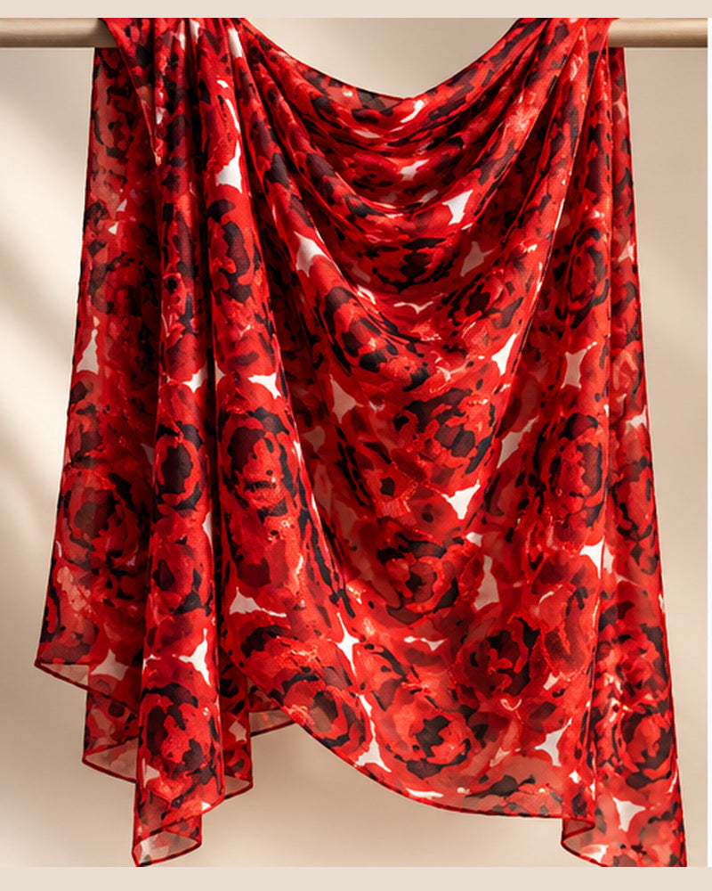 Jacquard Burnout Chiffon Hijab: Rose Imprint - Red
