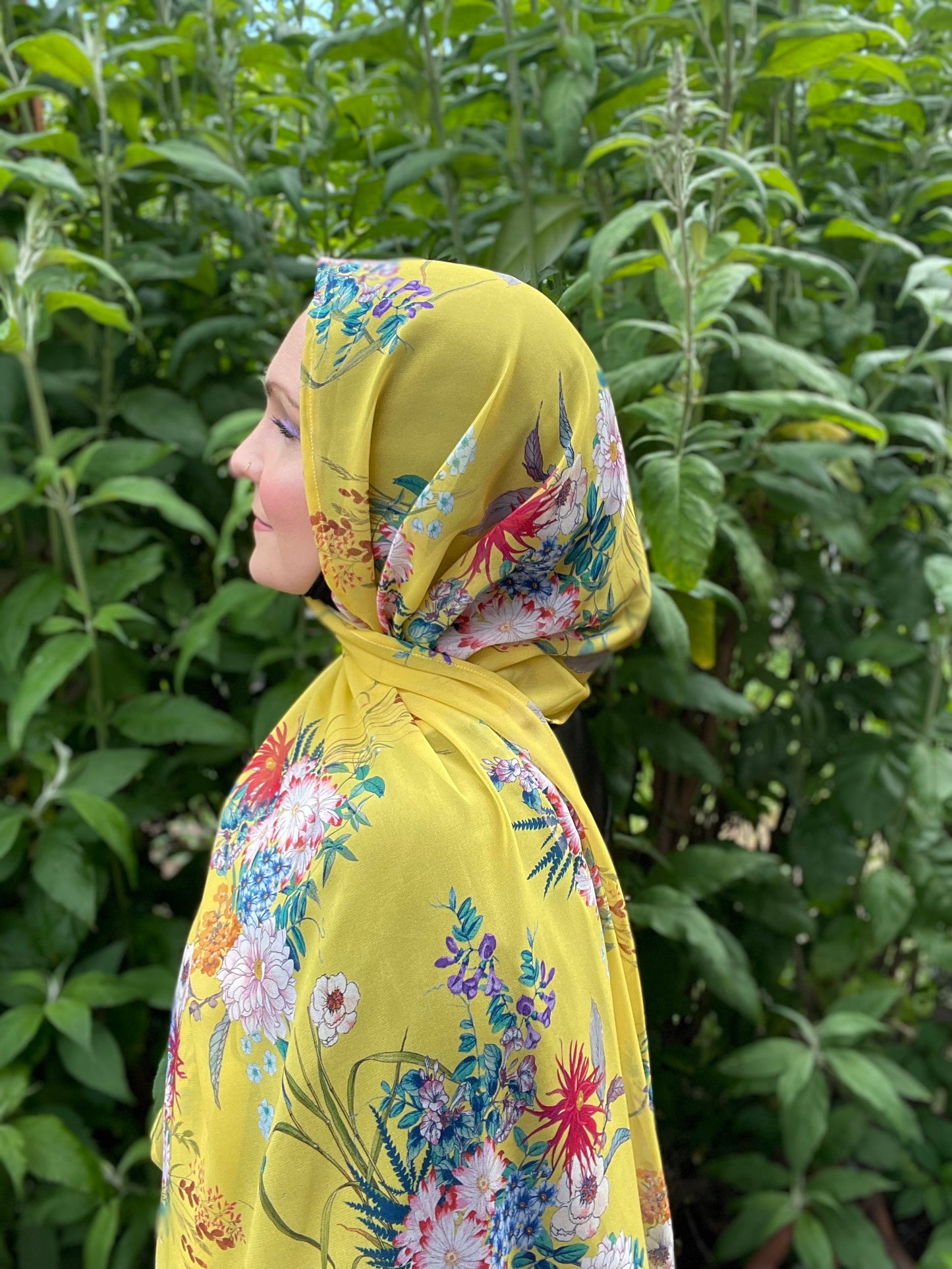 Limited Edition Crepe Chiffon Hijab: Italian Yellow Floral Bouquet