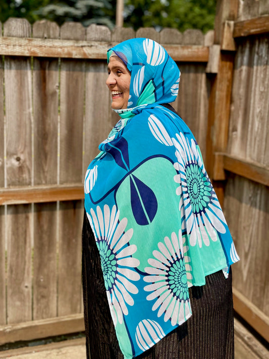 Limited Edition Crinkle Chiffon Hijab: Blue Flower Power