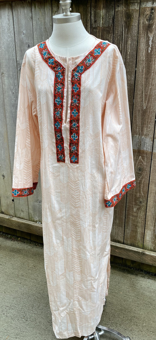 Summer Cotton Embellished Caftan - Light Peach - L