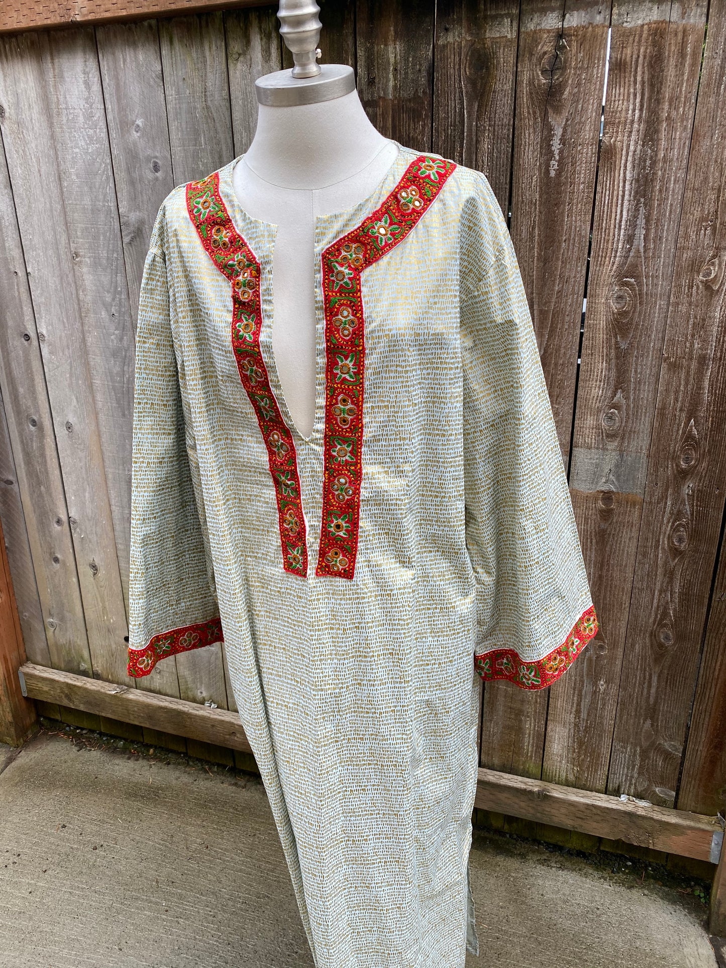 Summer Cotton Embellished Caftan - Gold & Grey Metallic - L