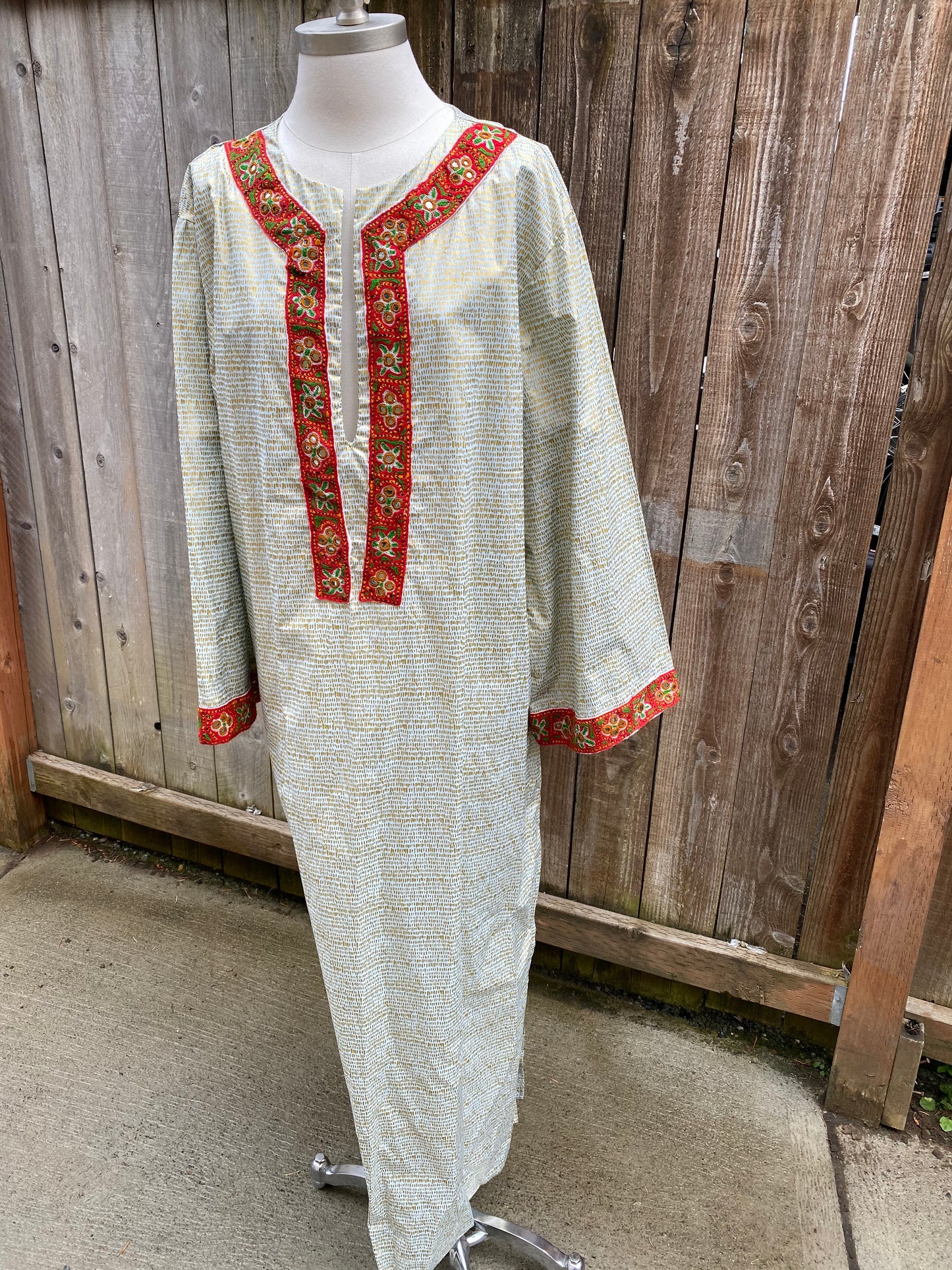 Summer Cotton Embellished Caftan - Gold & Grey Metallic - L