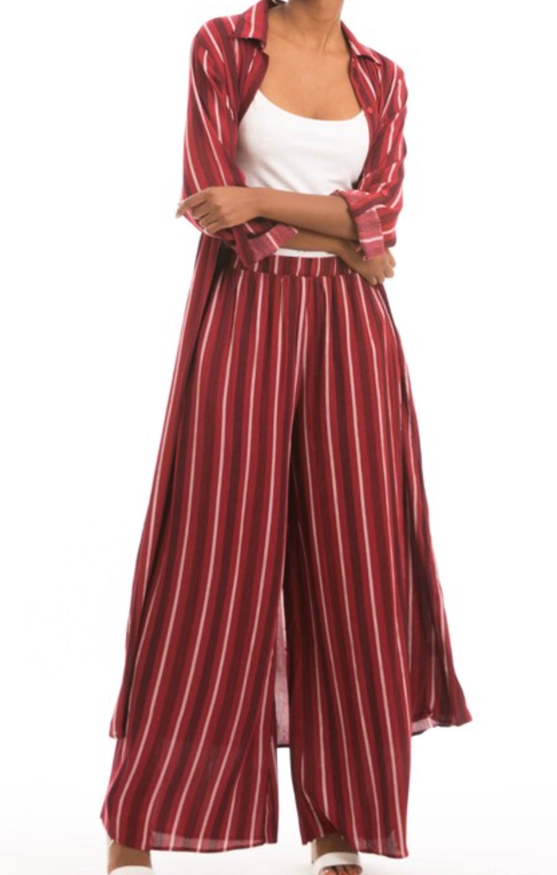 Striped Long Shirt Dress - Crimson