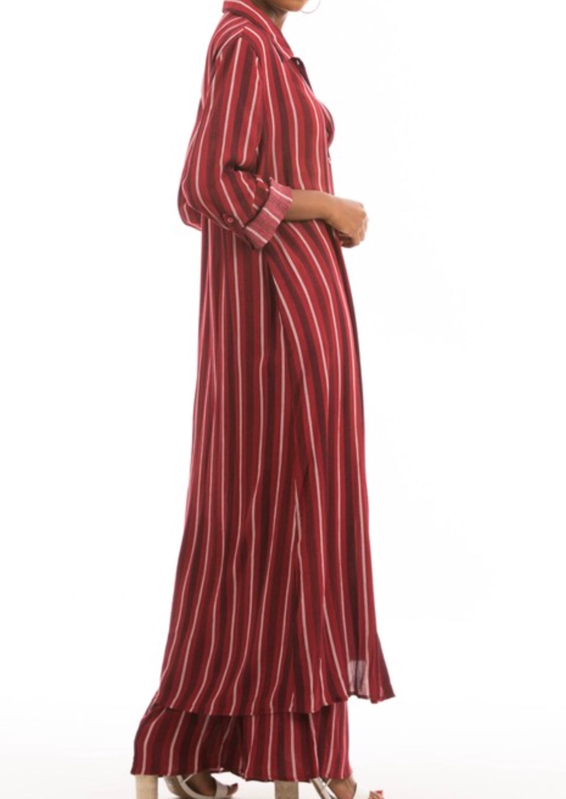 Striped Long Shirt Dress - Crimson