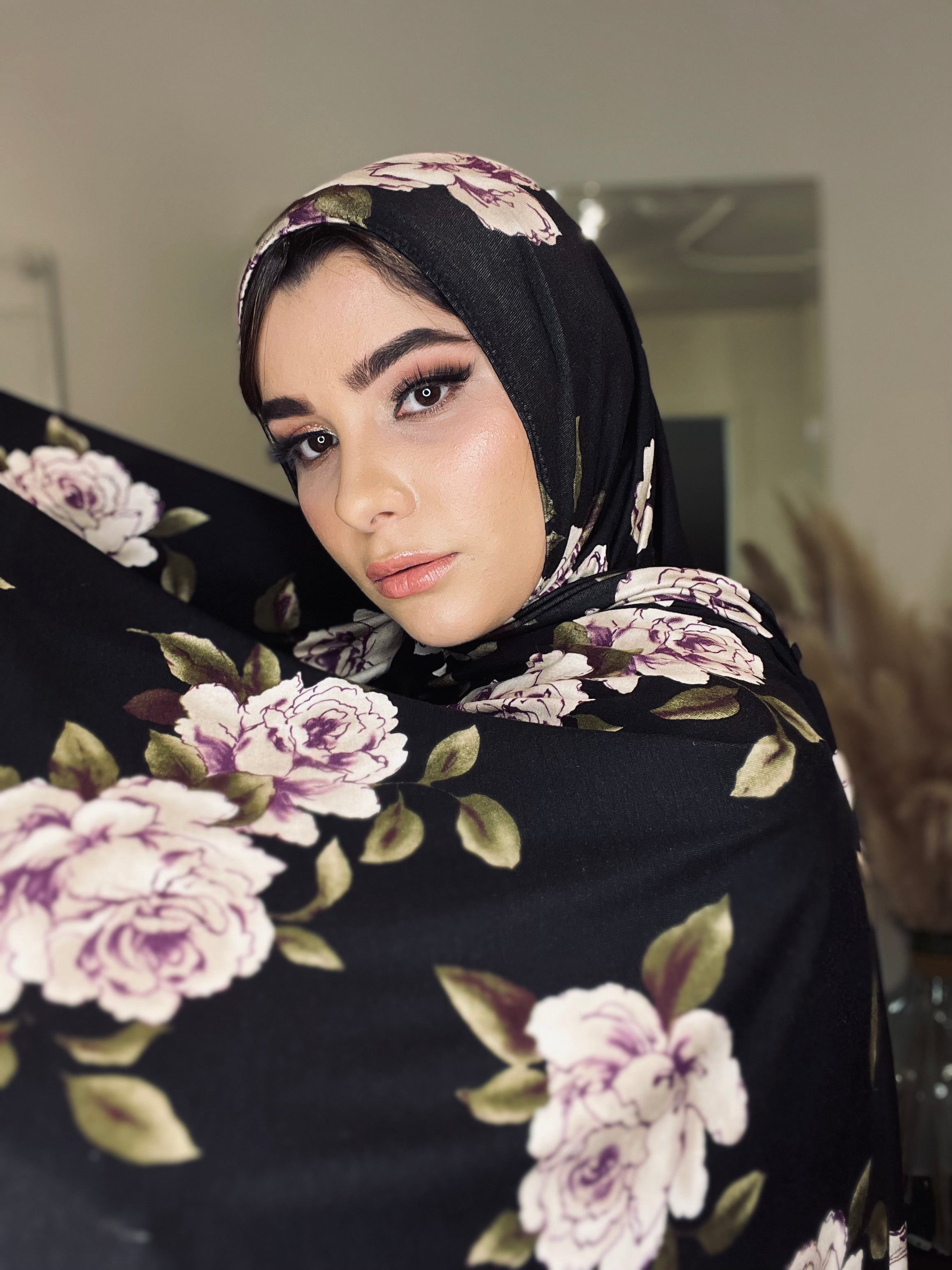 Printed Jersey Hijab: Deep Black & Purple Floral – michaelacorning