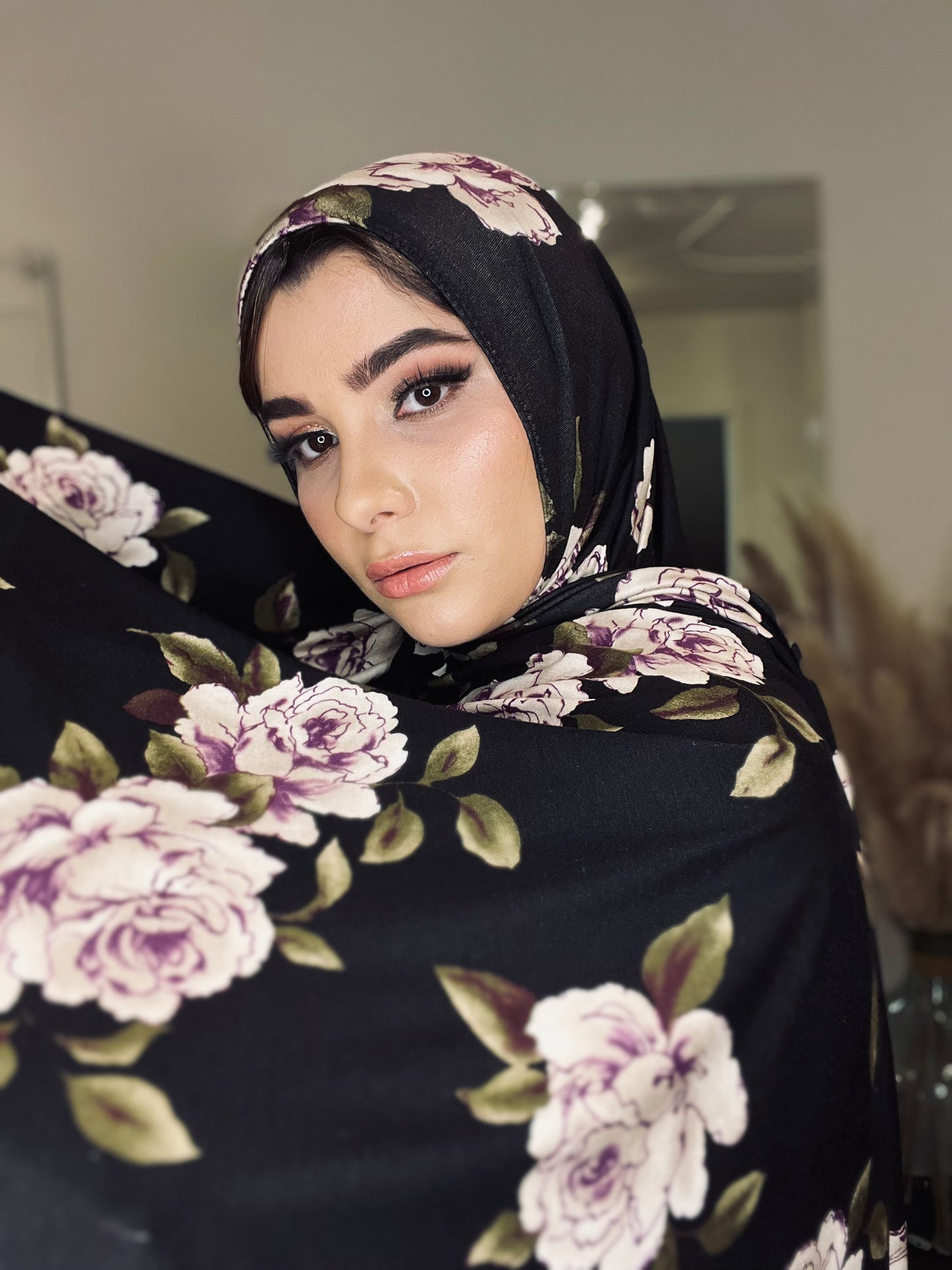 Printed Jersey Hijab: Deep Black & Purple Floral