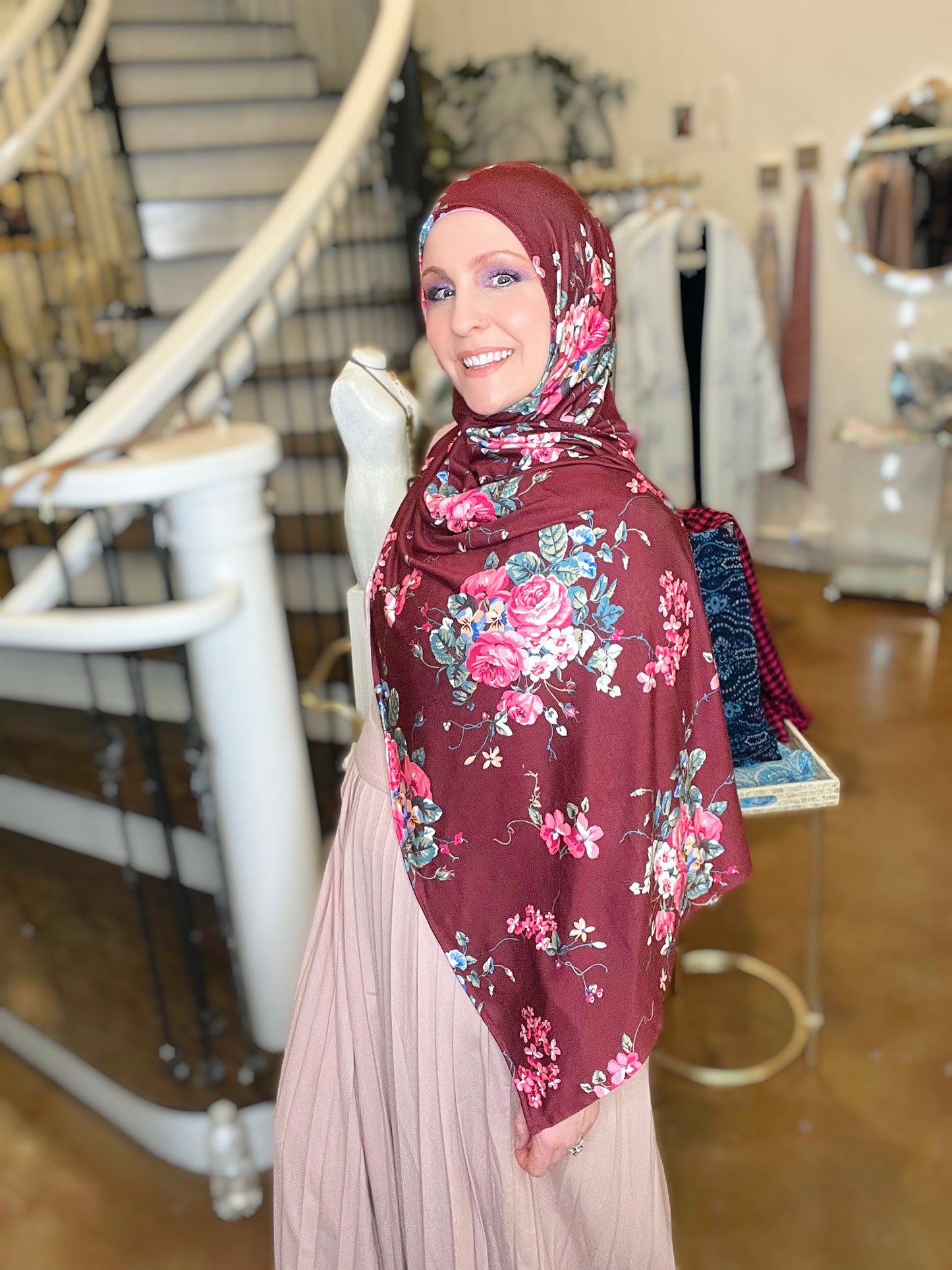 Printed Jersey Hijab: Burgundy Bouquet