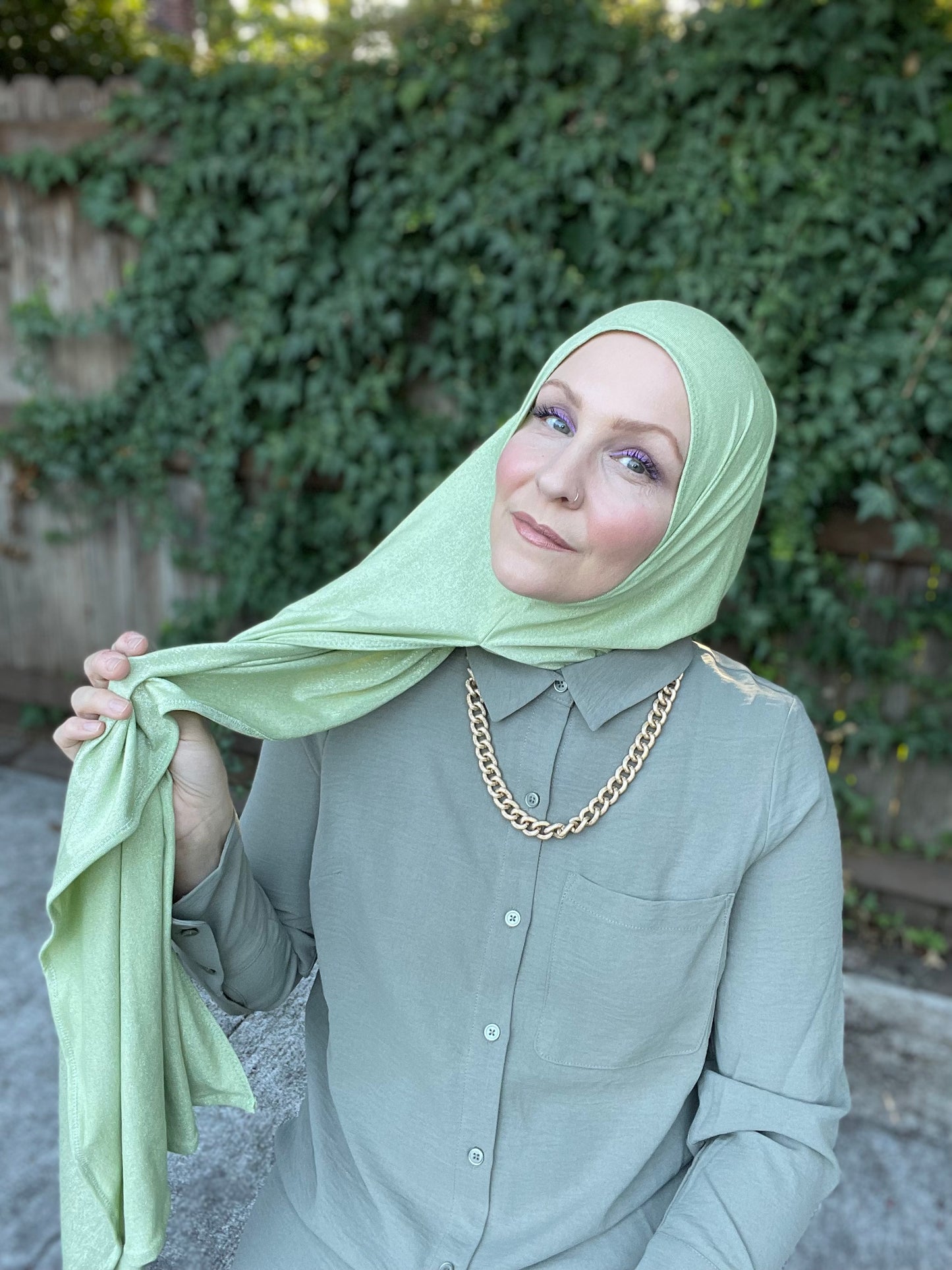 Solid Sparkle Jersey Hijab: Pale Green Lurex