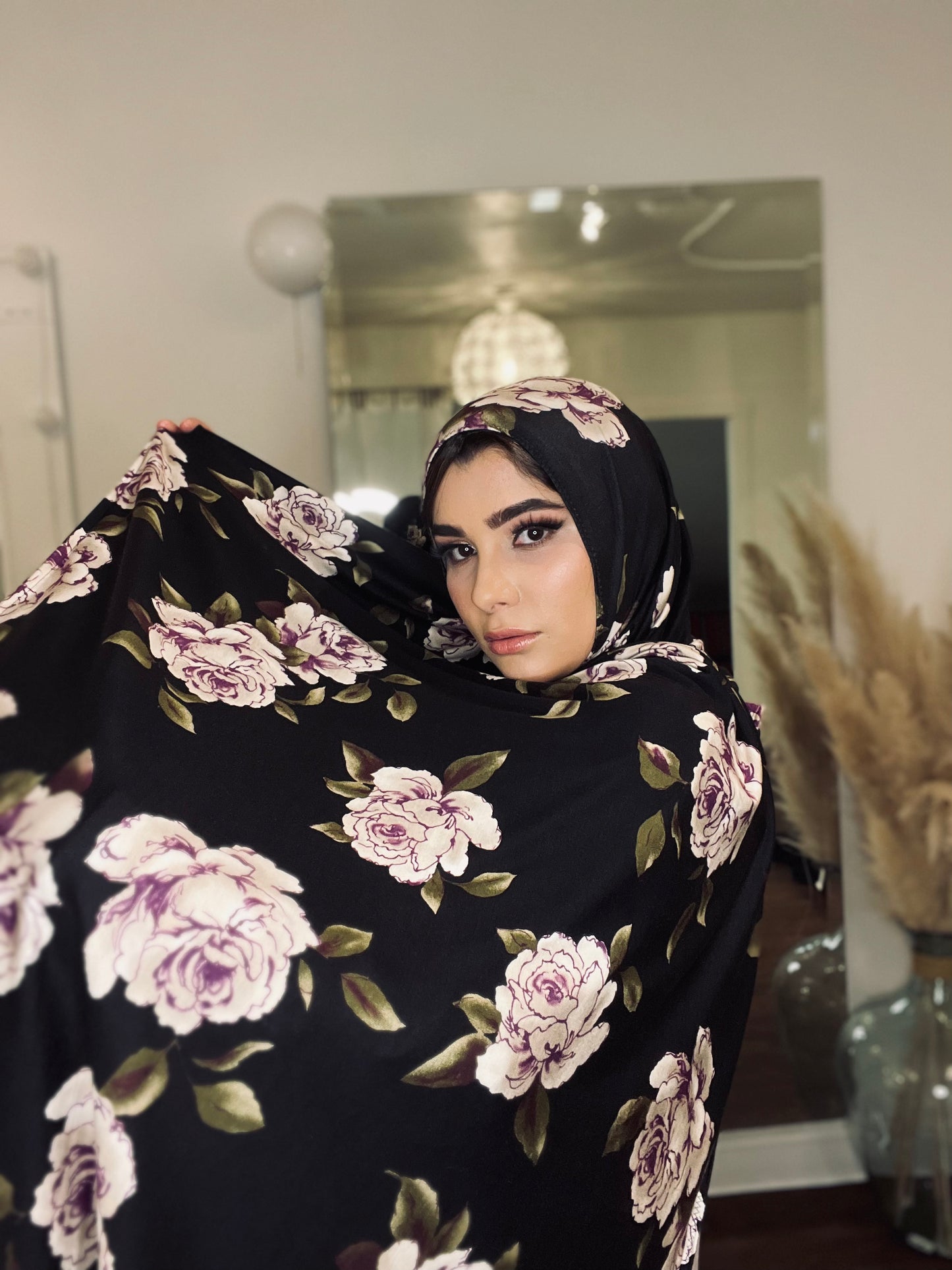 Printed Jersey Hijab: Deep Black & Purple Floral