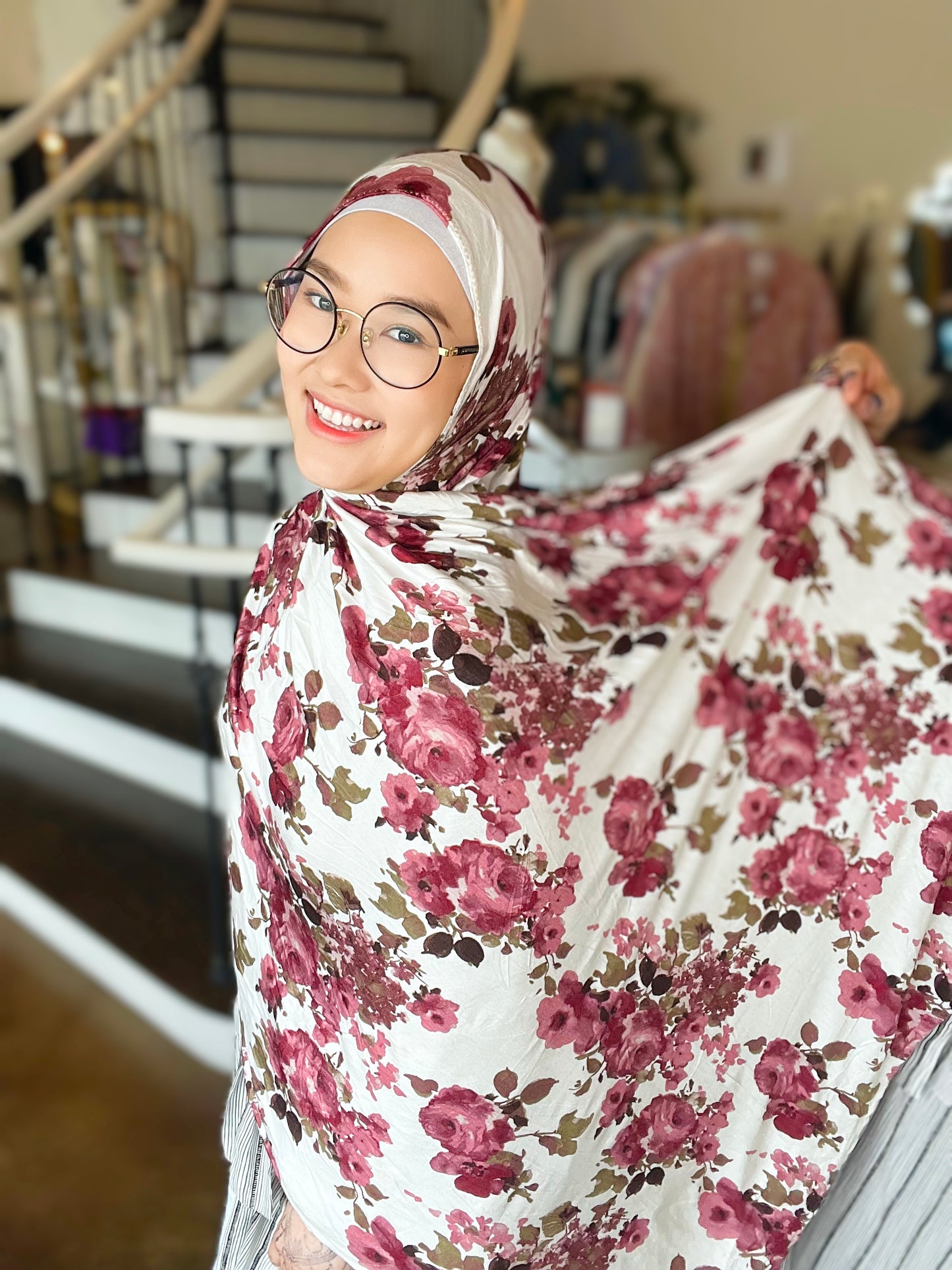 Printed Jersey Hijab: Burgundy Plum Watercolor Roses