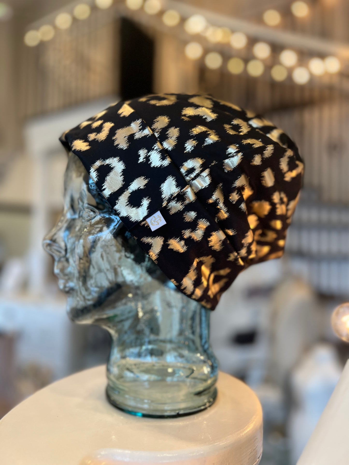 The Zahra Beanie: Gold Metallic Leopard