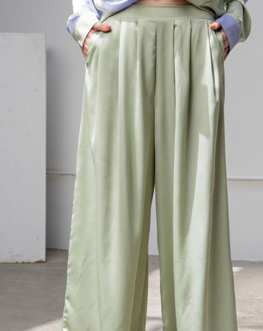 Khadija Satin Wide Leg Pant: Sage