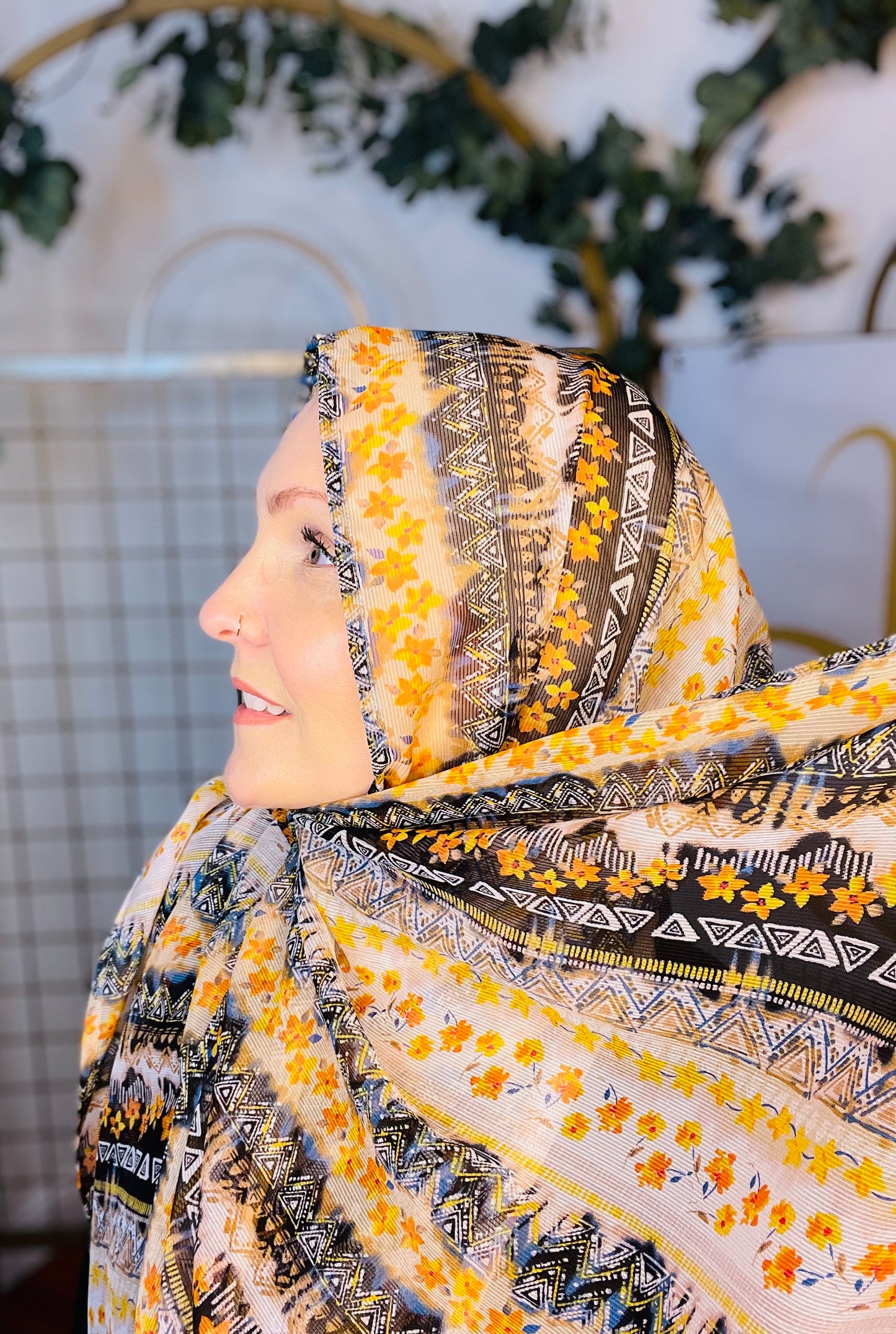 Limited Edition Woven Chiffon Hijab: Geometric Floral Fall
