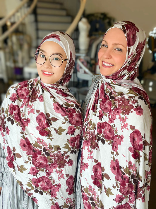 Printed Jersey Hijab: Burgundy Plum Watercolor Roses
