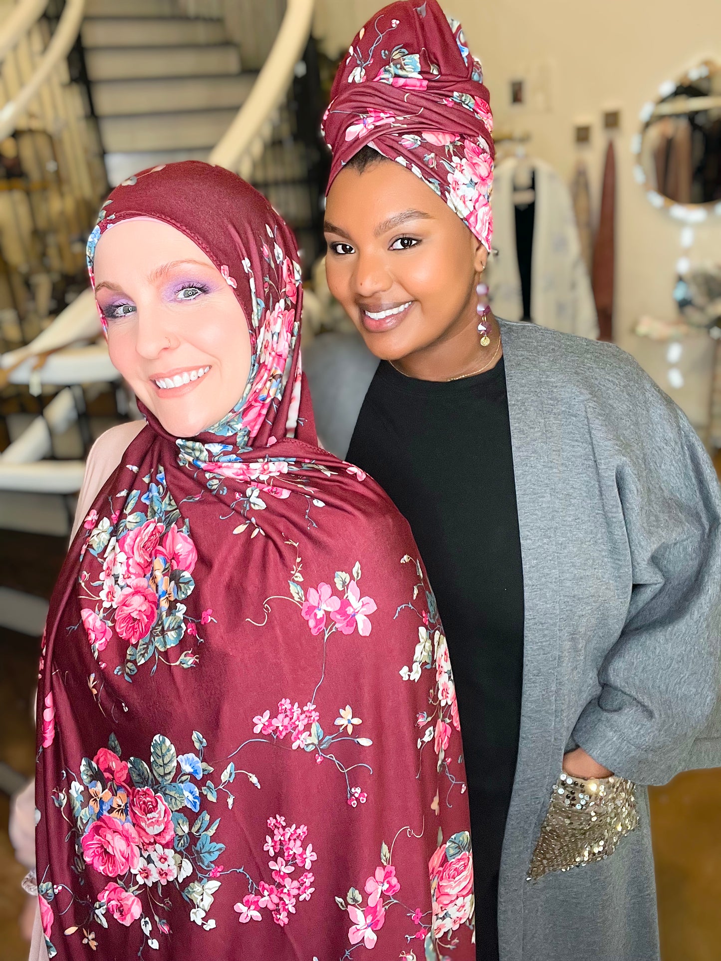 Printed Jersey Hijab: Burgundy Bouquet